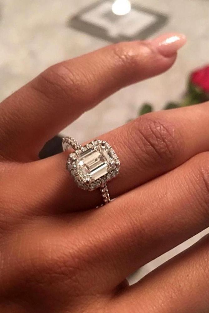 white gold engagement rings emerald cut diamond halo pave band classic