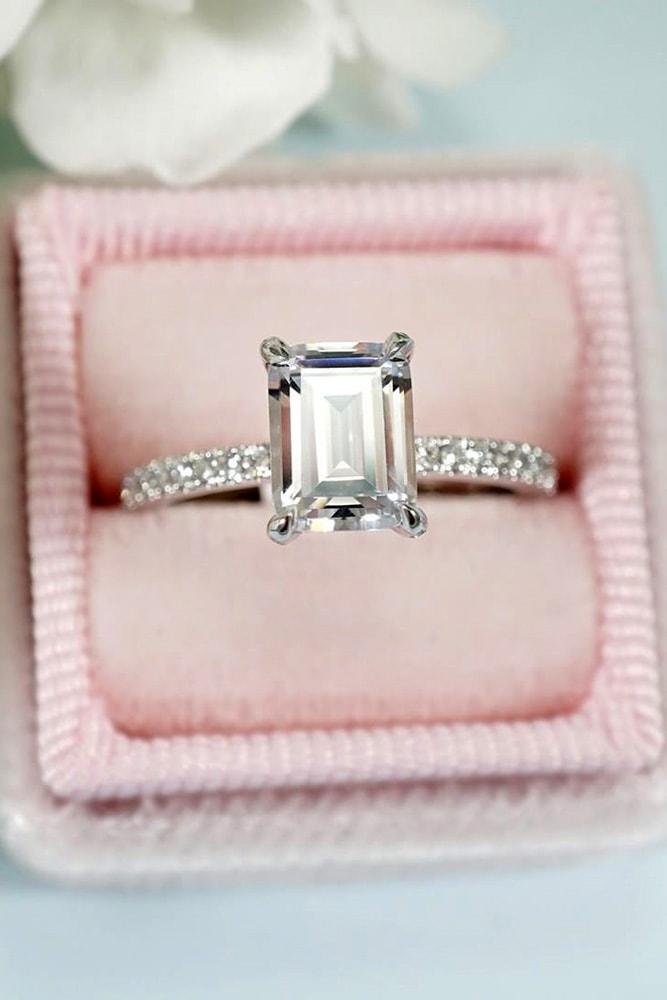 white gold engagement rings emerald cut diamond solitaire pave band with diamonds classic