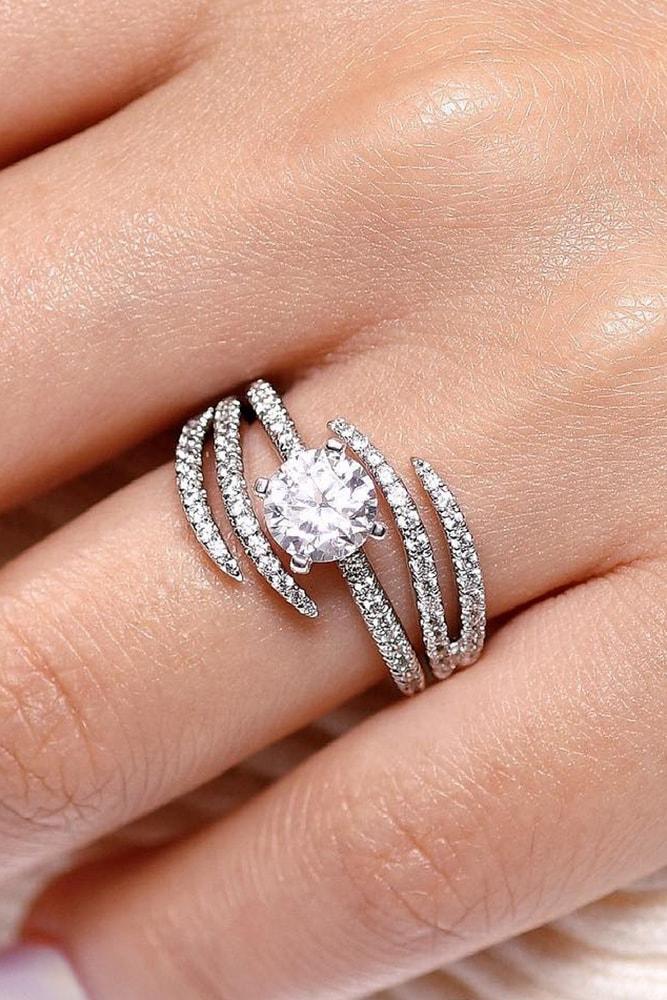 white gold engagement rings modern and unique ring round cut diamond solitaire pave band split shank unique design