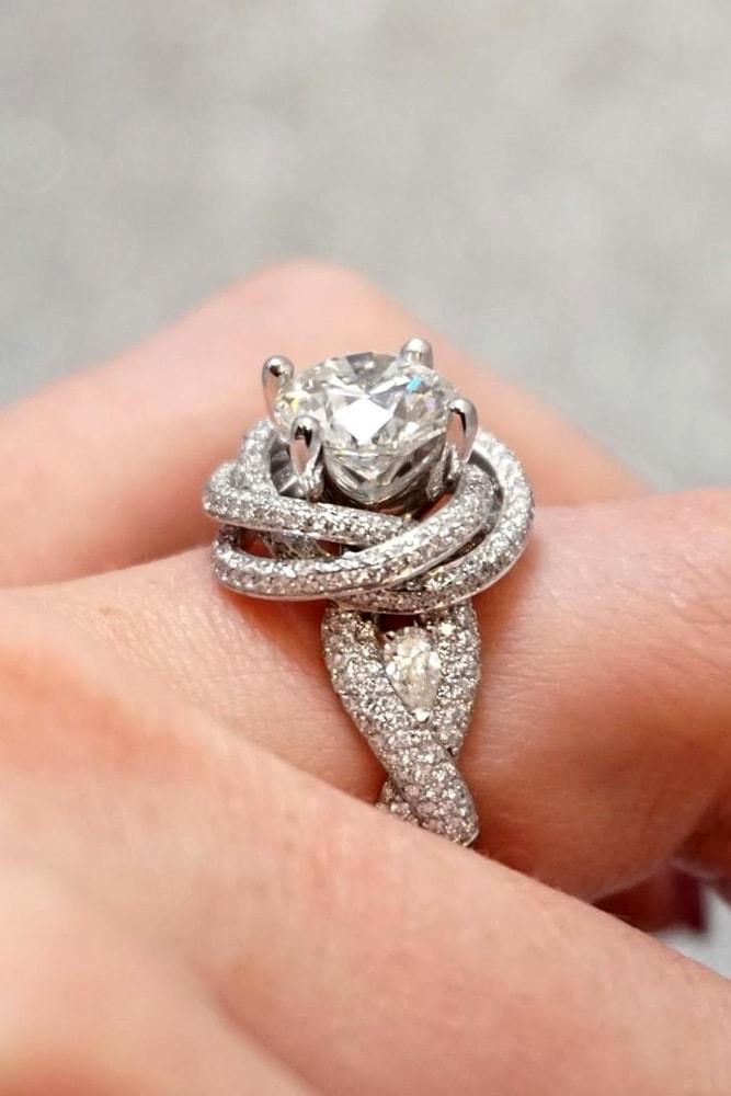white gold engagement rings modern and unique ring round cut diamond solitaire pave band twisted bands flower elements