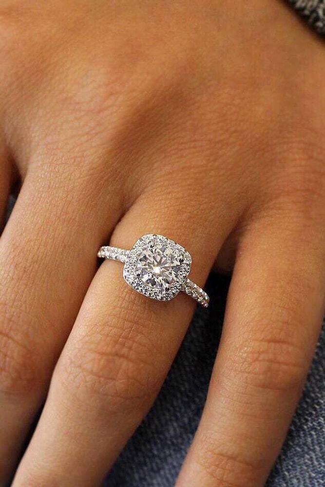 white gold engagement rings round cut diamond halo pave band with diamonds classic sparkling