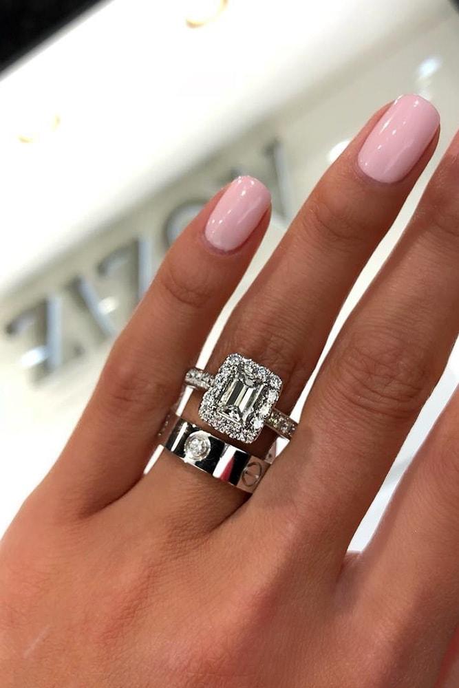 white gold engagement rings sets emerald cut diamond halo pave band with diamonds modern