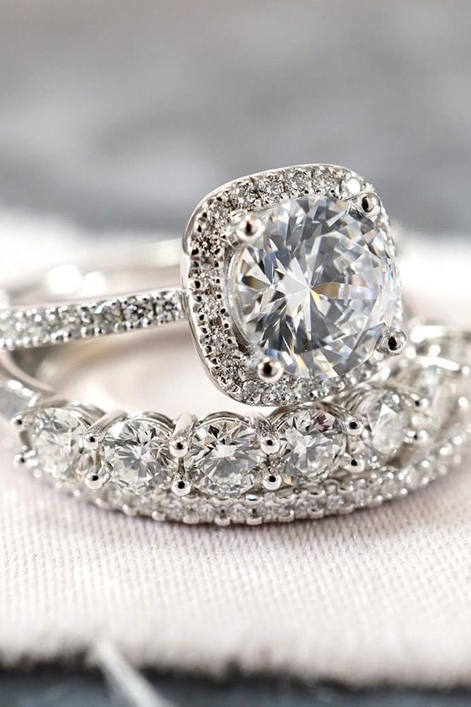 white gold engagement rings sets round cut diamond halo pave band with diamonds classic