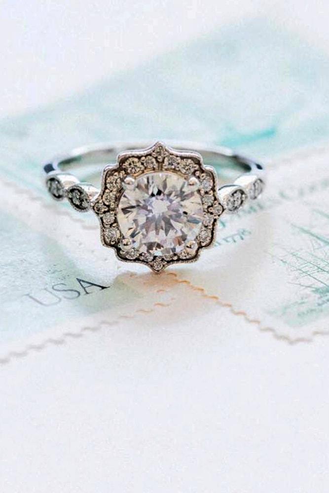 white gold engagement rings vintage ring round cut diamond halo in vintage style pave band