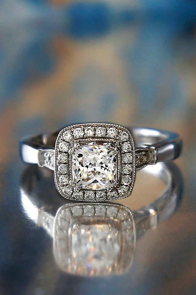 cushion cut engagement rings diamond halo vintage style pave band