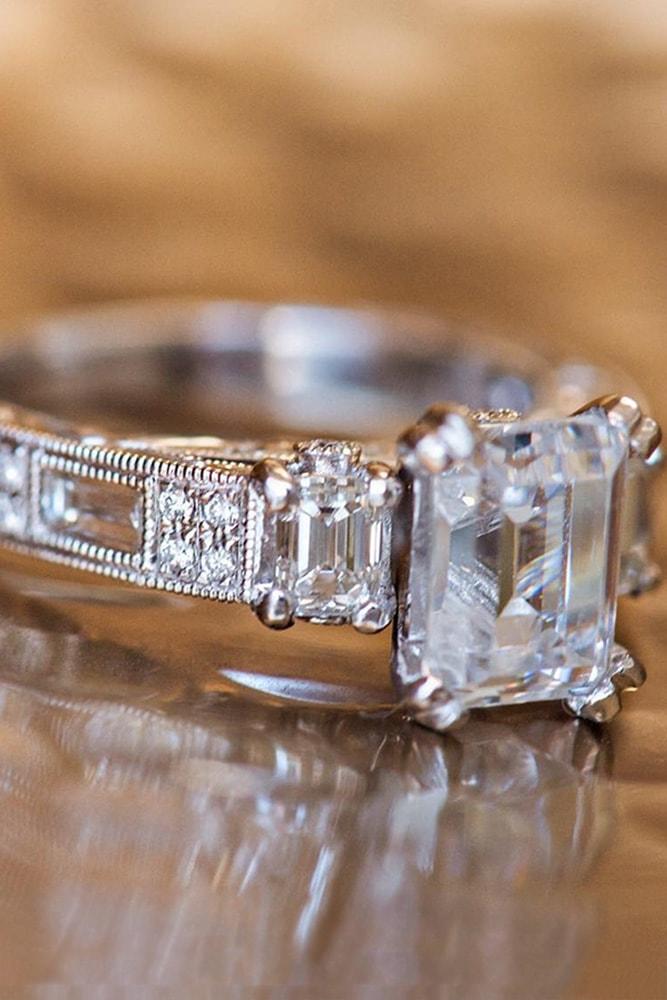 kirk kara engagement rings white gold wonderful emerald cut diamond three stones engagement ring pave band kirk kara min
