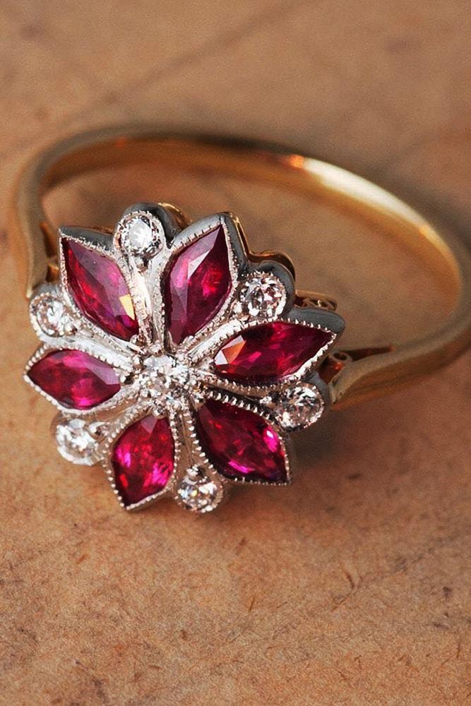 ring trends gemstone engagement rings rose gold marquise cut rubies floral elements