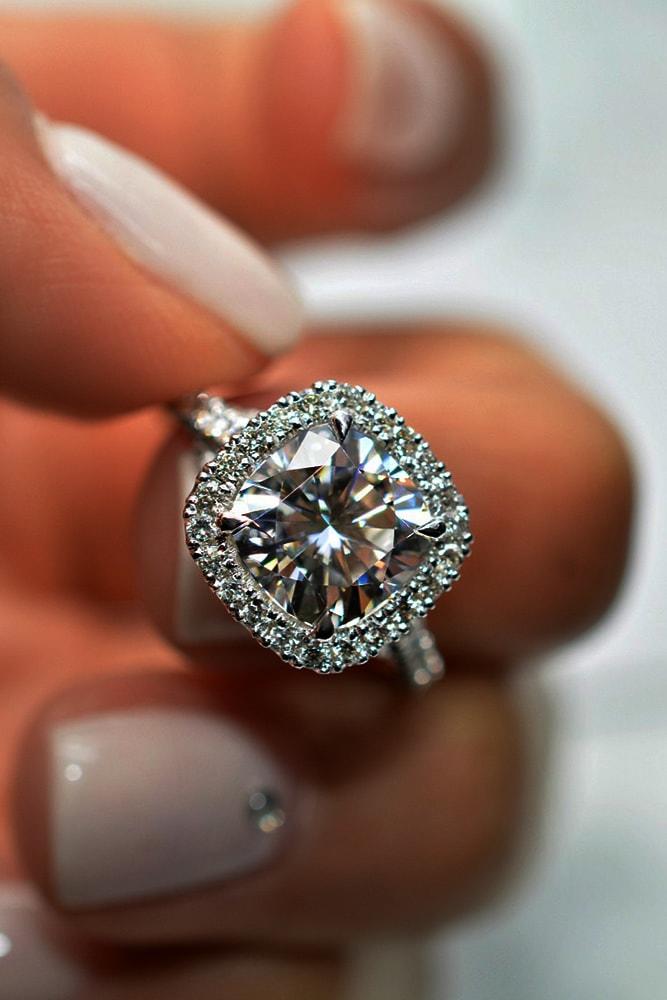 ring trends gemstone engagement rings white gold cushion cut morganite halo