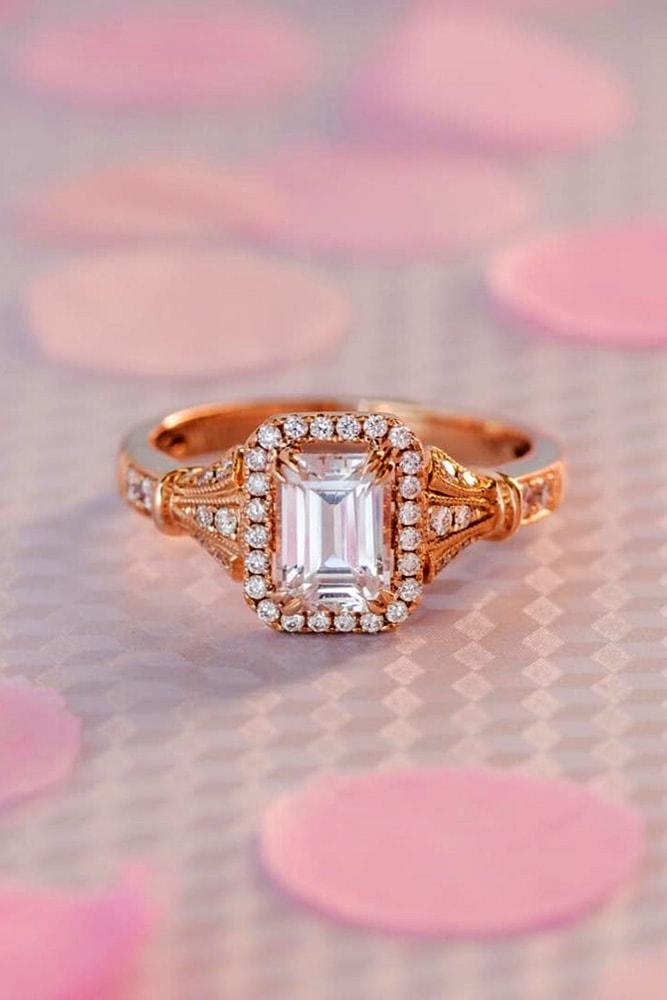 ring trends romantic rose gold emerald cut diamond halo vintage