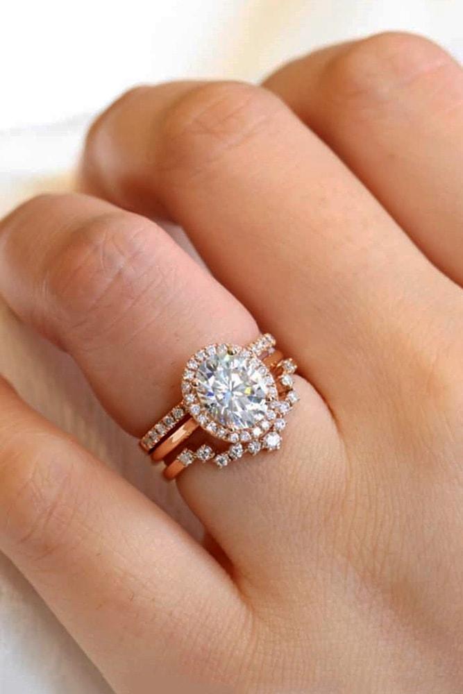 ring trends romantic rose gold oval cut diamond halo engagement ring set