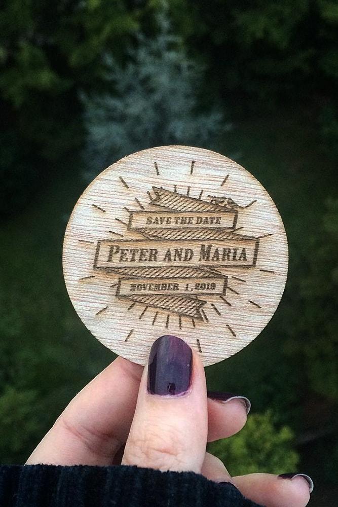 save the date ideas with round wooden magnet personalised