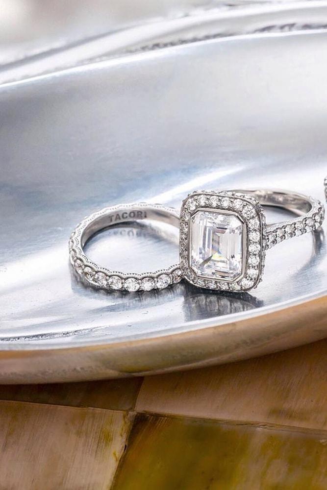 tacori engagement rings emerald cut diamond halo engagement ring in set white gold pave band