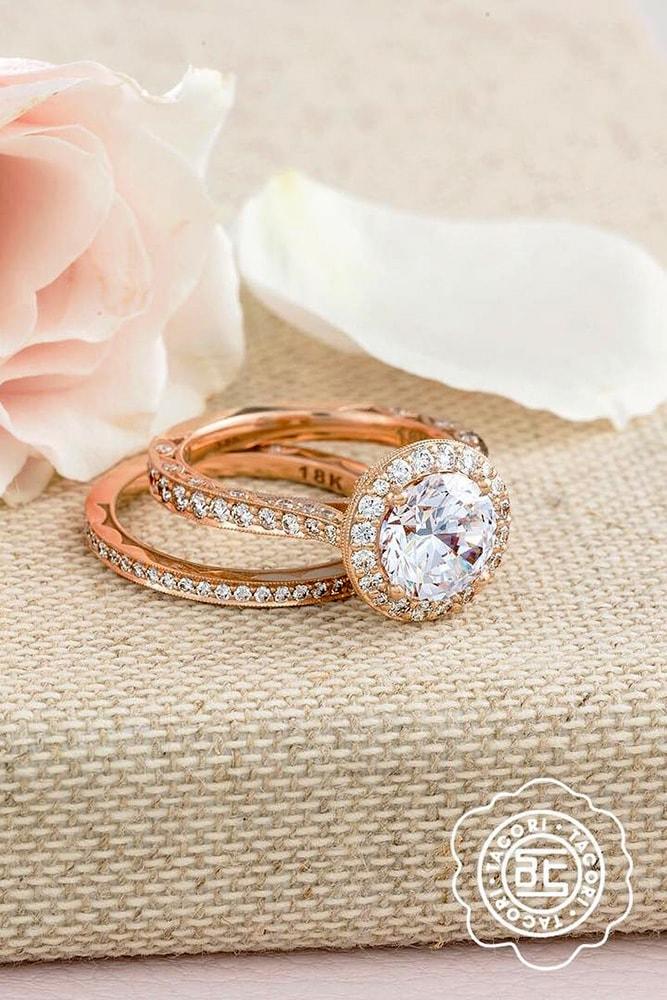 tacori engagement rings rose gold round cut diamond halo engagement ring set pave band