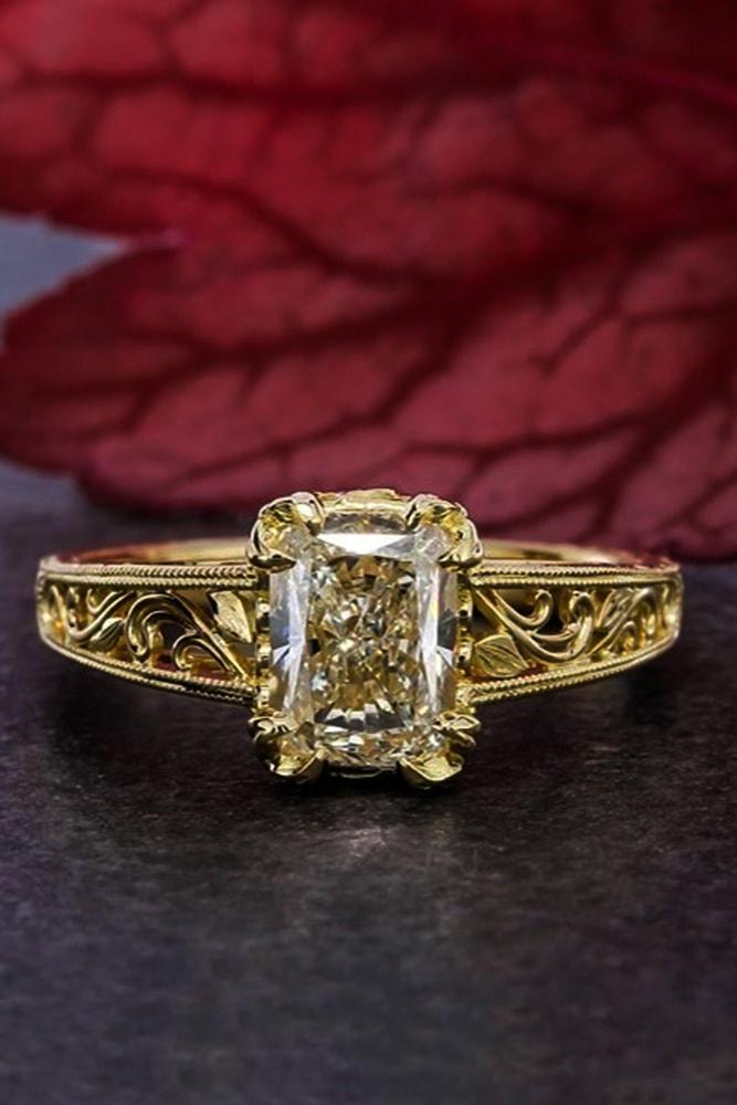 emerald engagement rings yellow gold emerald cut yellow diamond pave band unique floral elements