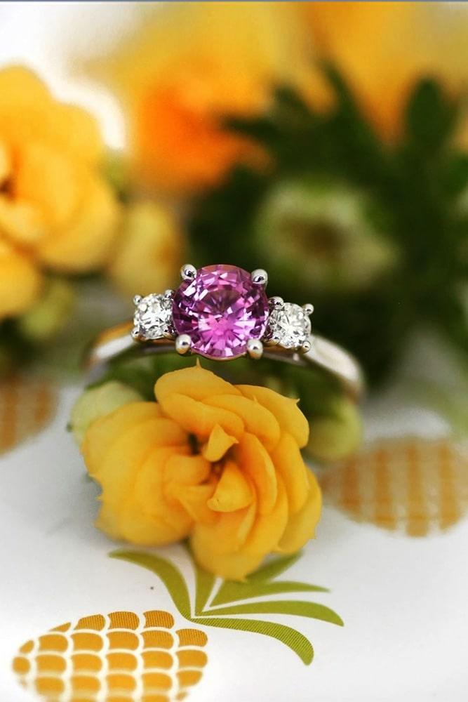 gemstone engagement rings white gold engagement rings three stone engagement rings pink sapphire engagement rings
