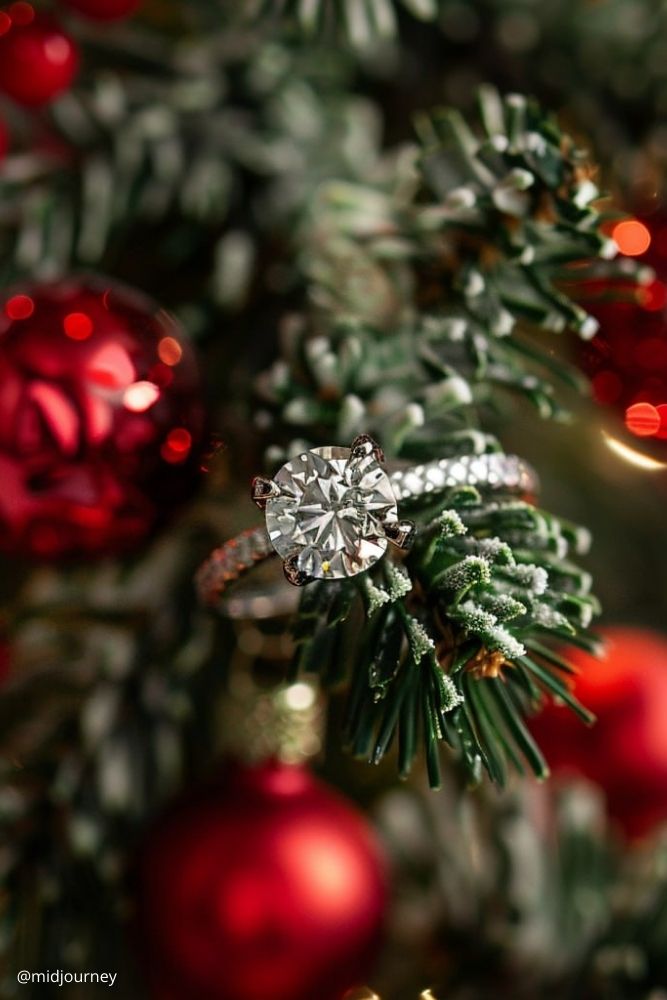 new year engagement photos an engagement ring on a christmas tree midjourney