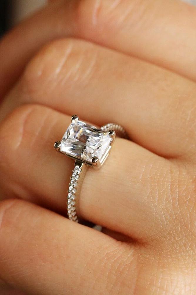 simple engagement rings white gold engagement rings emerald cut diamond engagement rings pave band