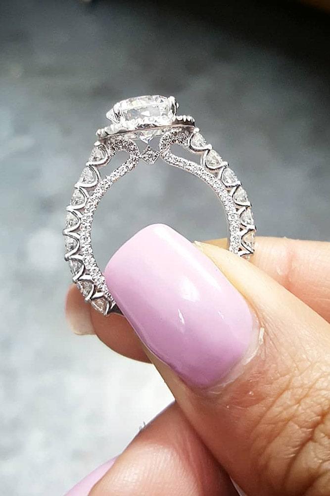 white gold engagement rings unique engagement rings round cut engagement rings pave band