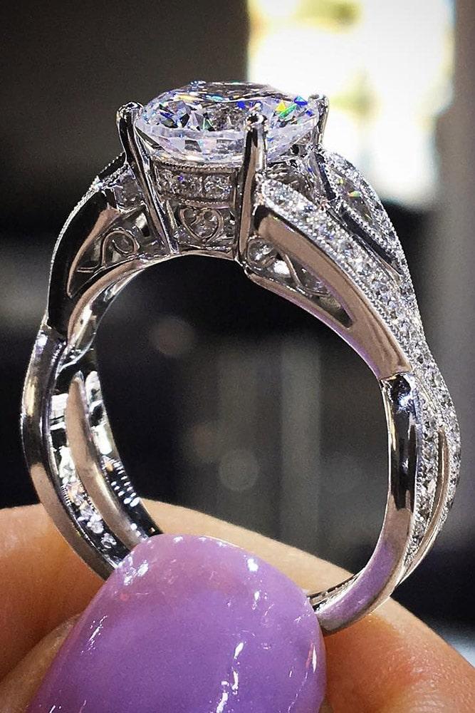 white gold engagement rings unique engagement rings round cut engagement rings pave band