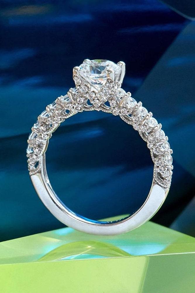 white gold engagement rings unique engagement rings round cut engagement rings pave band