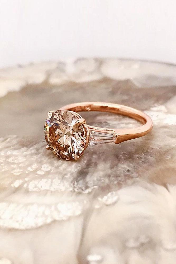 rose gold engagement rings champagne diamond rings round cut rings three stone rings