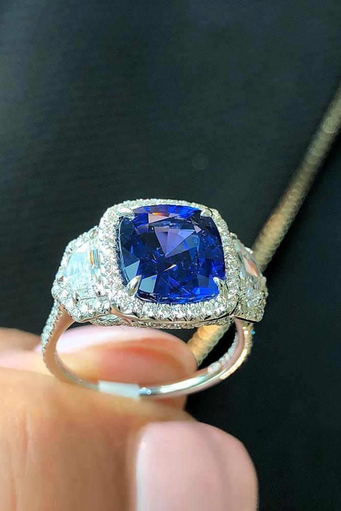 sapphire engagement rings white gold engagement ring three stone ring diamond halo