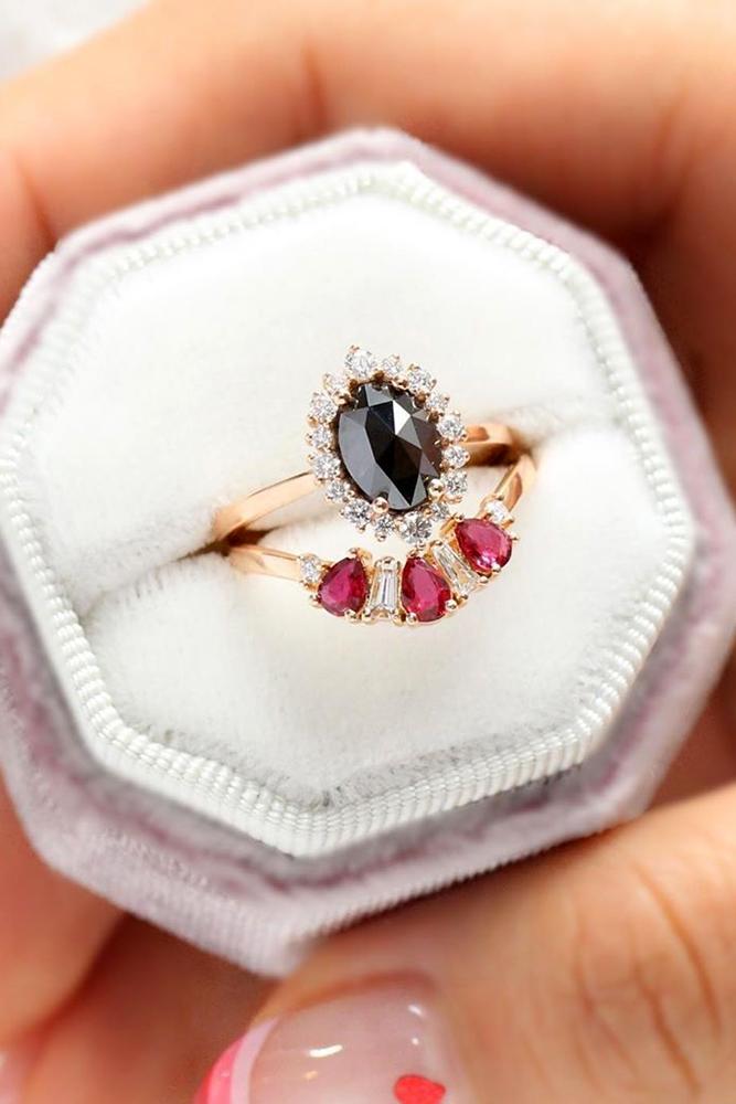 black diamond engagement rings oval cut in diamond halo vintage ring bridal sets