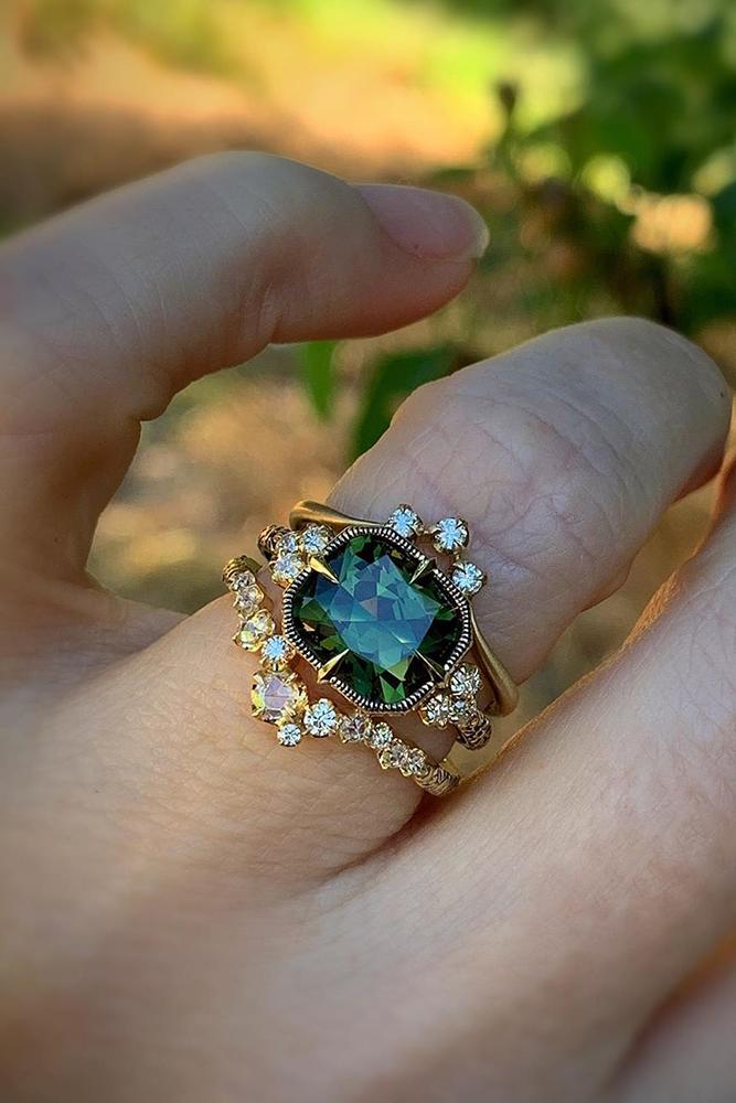 vintage wedding rings rose gold wedding rings green gemstone ring