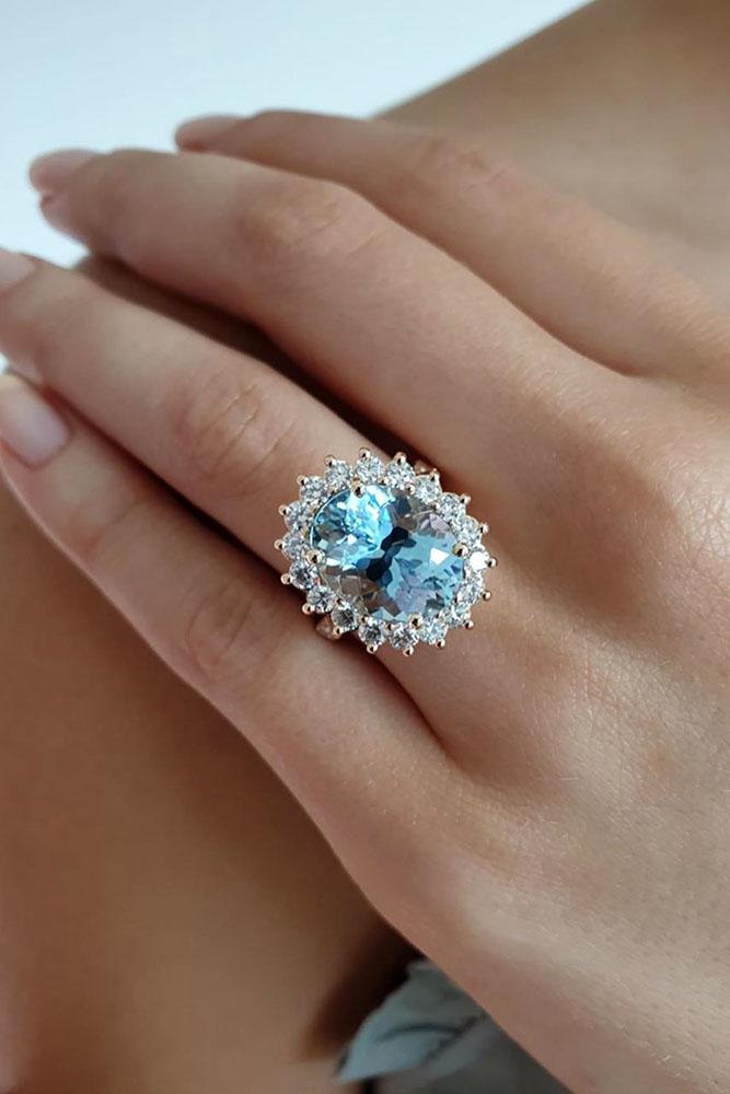 unique engagement rings white gold rings aquamarine ring floral halo
