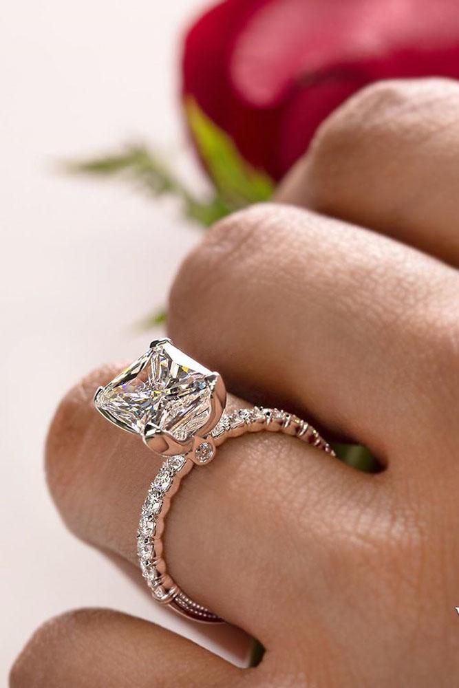simple engagement rings radiant cut ring pave band solitaire ring