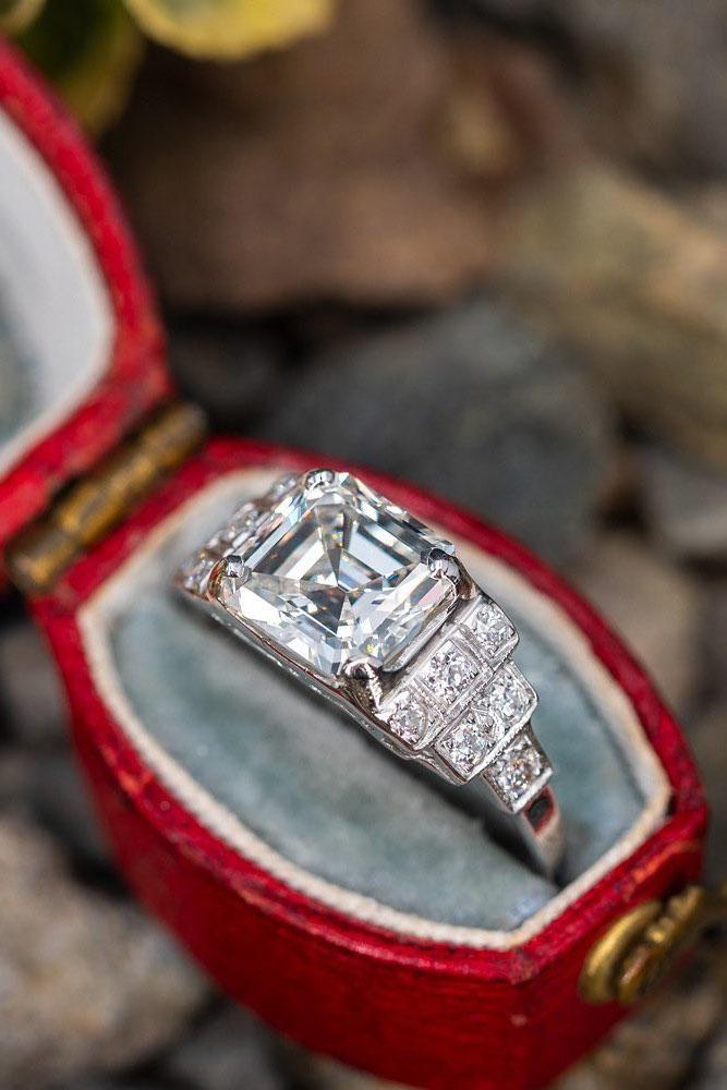 vintage engagement rings unique ring white gold ring emerald cut ring