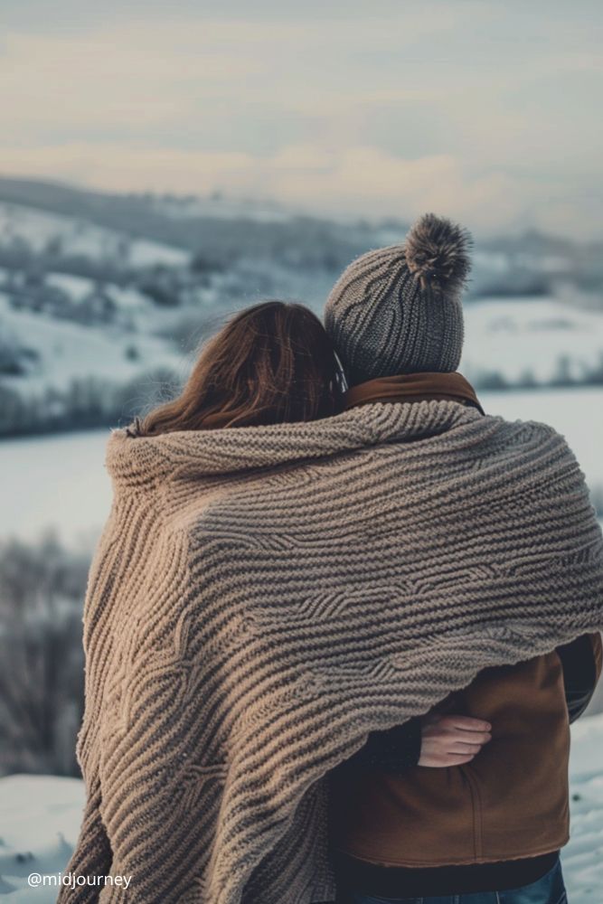 winter engagement photos love couple in winter outfits standing from the back wrapped in plaid midjourney