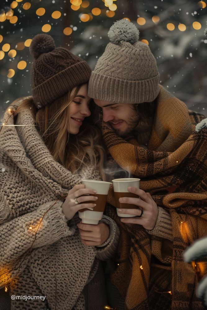 winter engagement photos love couple wrapped in the blanket with coffee cups midjourney