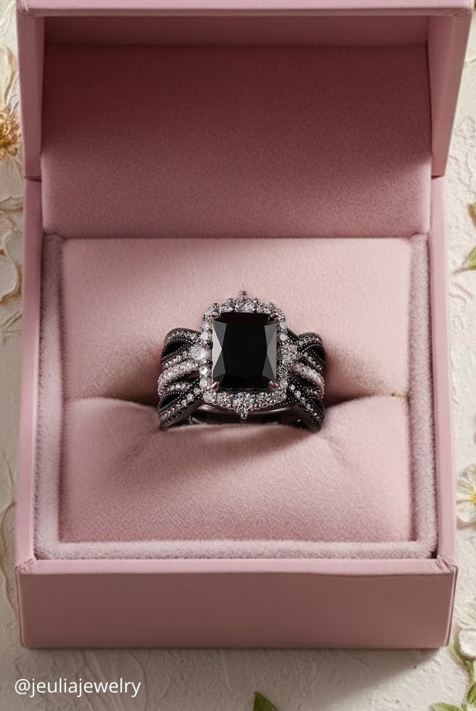 white gold engagement rings emerald cut black gemstone ring with intricate diamond halo in white gold jeuliajewelry