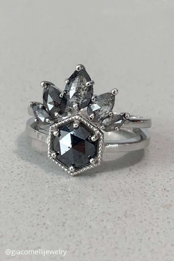 white gold engagement rings hexagon black diamond ring set with curved crown band in white gold giacomellijewelry