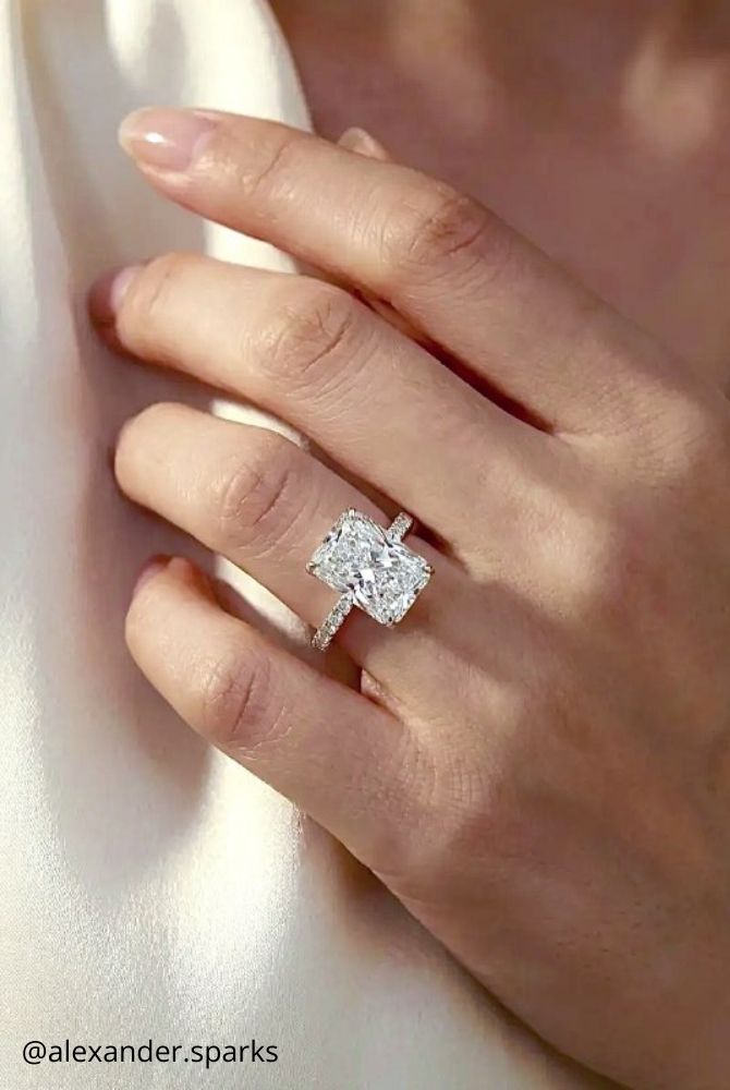 white gold engagement rings radiant cut diamond engagement ring with pave band in white gold alexander.sparks