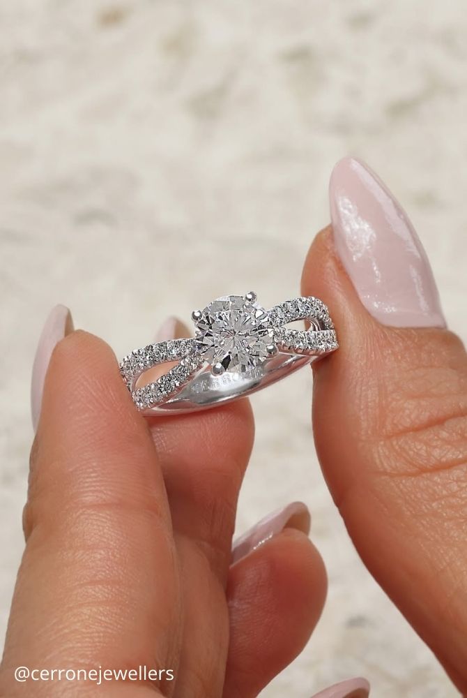 white gold engagement rings round diamond engagement ring with split shank pave band in white gold cerronejewellers