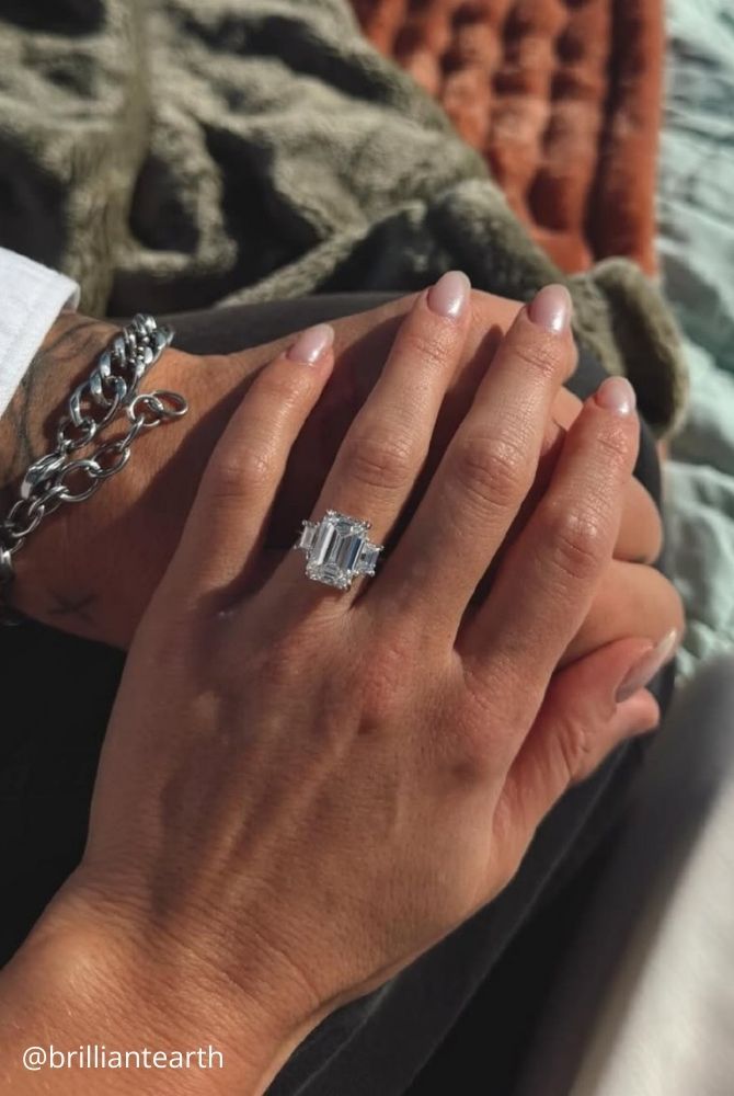 white gold engagement rings three stone emerald cut diamond engagement ring in white gold brilliantearth