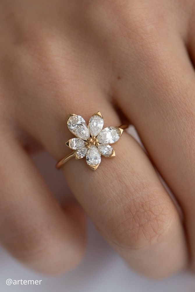 unique engagement rings floral diamond cluster ring with marquise and pear cut petals in yellow gold artemer