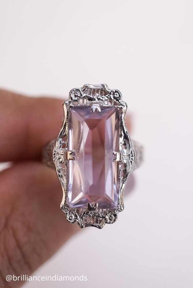 unique engagement rings large rectangular amethyst art deco cocktail ring in white gold brillianceindiamonds