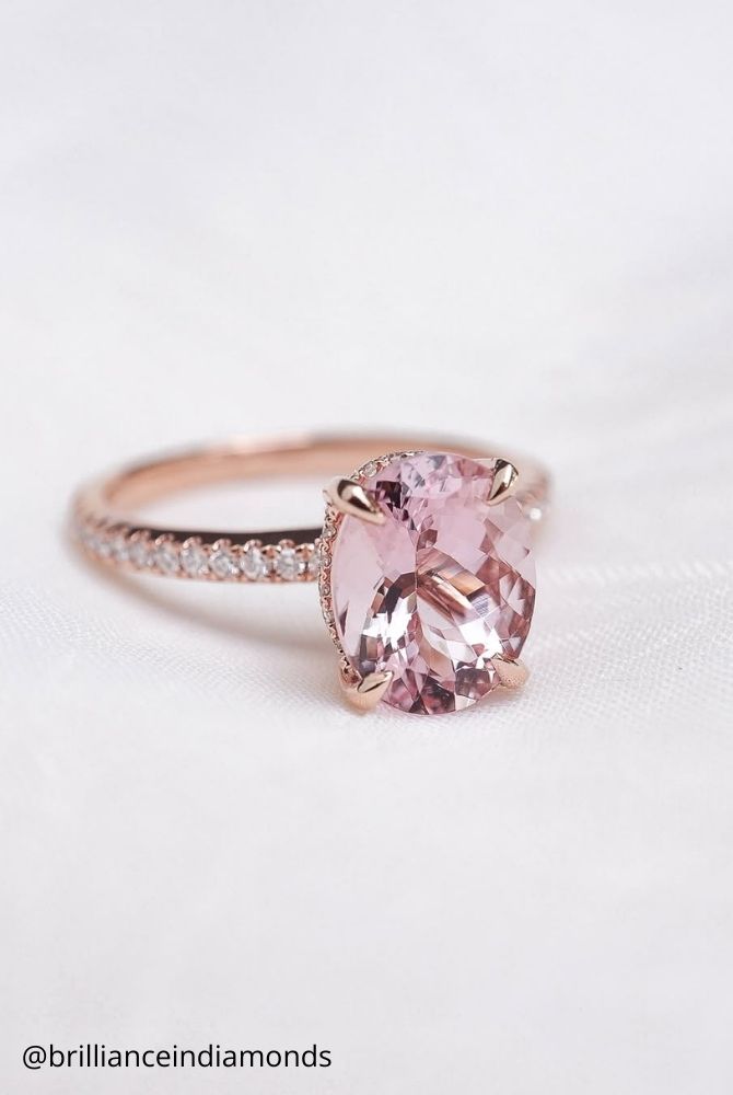 unique engagement rings oval pink diamond engagement ring in rose gold with solitaire setting and diamond pavé band brillianceindiamonds