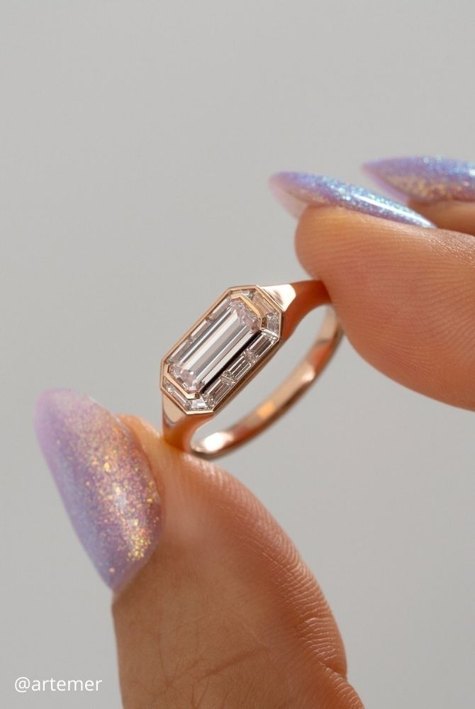 unique engagement rings rose gold baguette diamond signet ring with bezel setting artemer