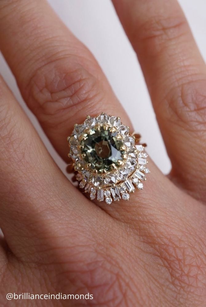 unique engagement rings round cut gemstone diamond halo setting stacking baguette diamonds brillianceindiamonds