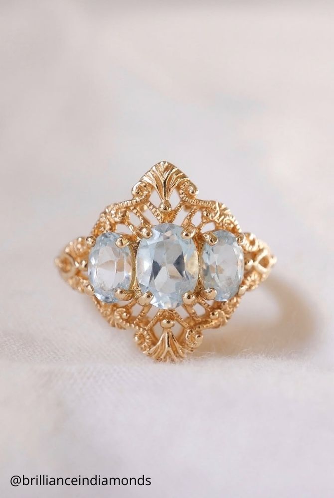 unique engagement rings three stone oval aquamarine trilogy ring in yellow gold with filigree vintage brillianceindiamonds