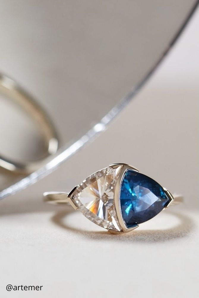 unique engagement rings toi et moi two stone ring with trillion cut diamond and blue sapphire in white gold artemer