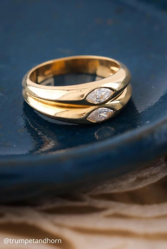 marquise diamond vintage yellow gold double ring featuring marquise cut diamonds trumpetandhorn