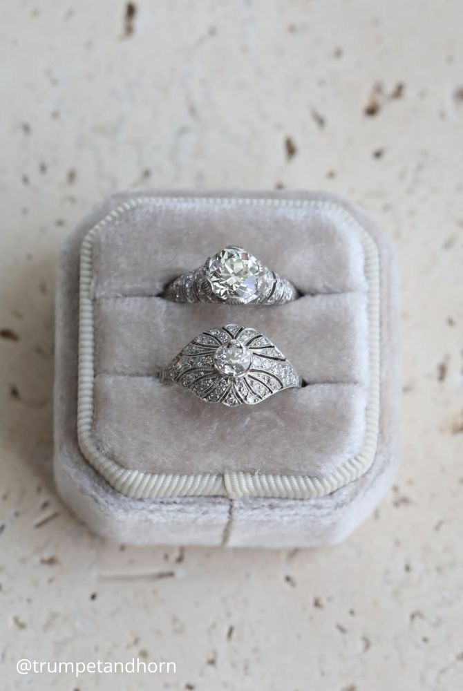 vintage engagement rings in a white gold box unusual vintage shape unique decoration trumpetandhorn