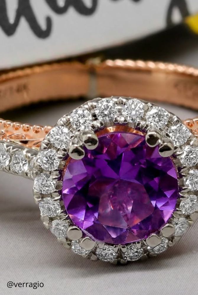 vintage engagement rings in yellow gold purple stones shine small stones verragio
