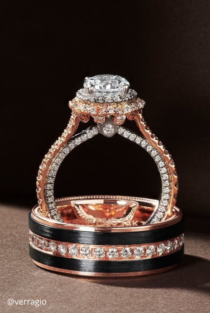vintage engagement rings of rose gold two rings special with decoration of small stones verragio