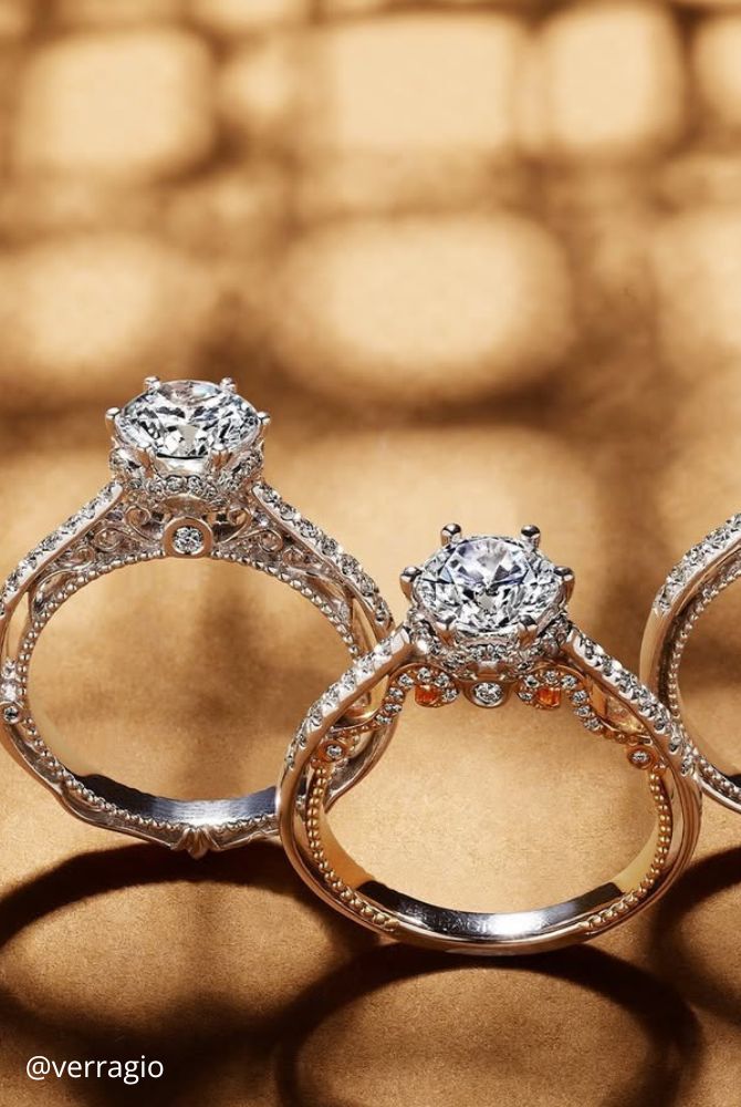 vintage engagement rings of yellow gold shiny stones shiny small stones three rings verragio